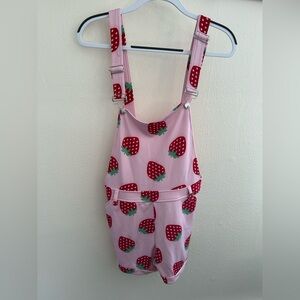 Hot Topic Pink Overalls with Red Strawberry Accents